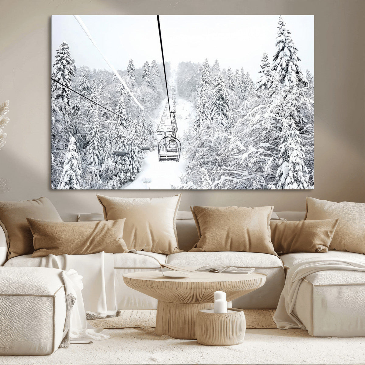 Snowy Ski Lift Wall Art – Framed Winter Mountain Canvas