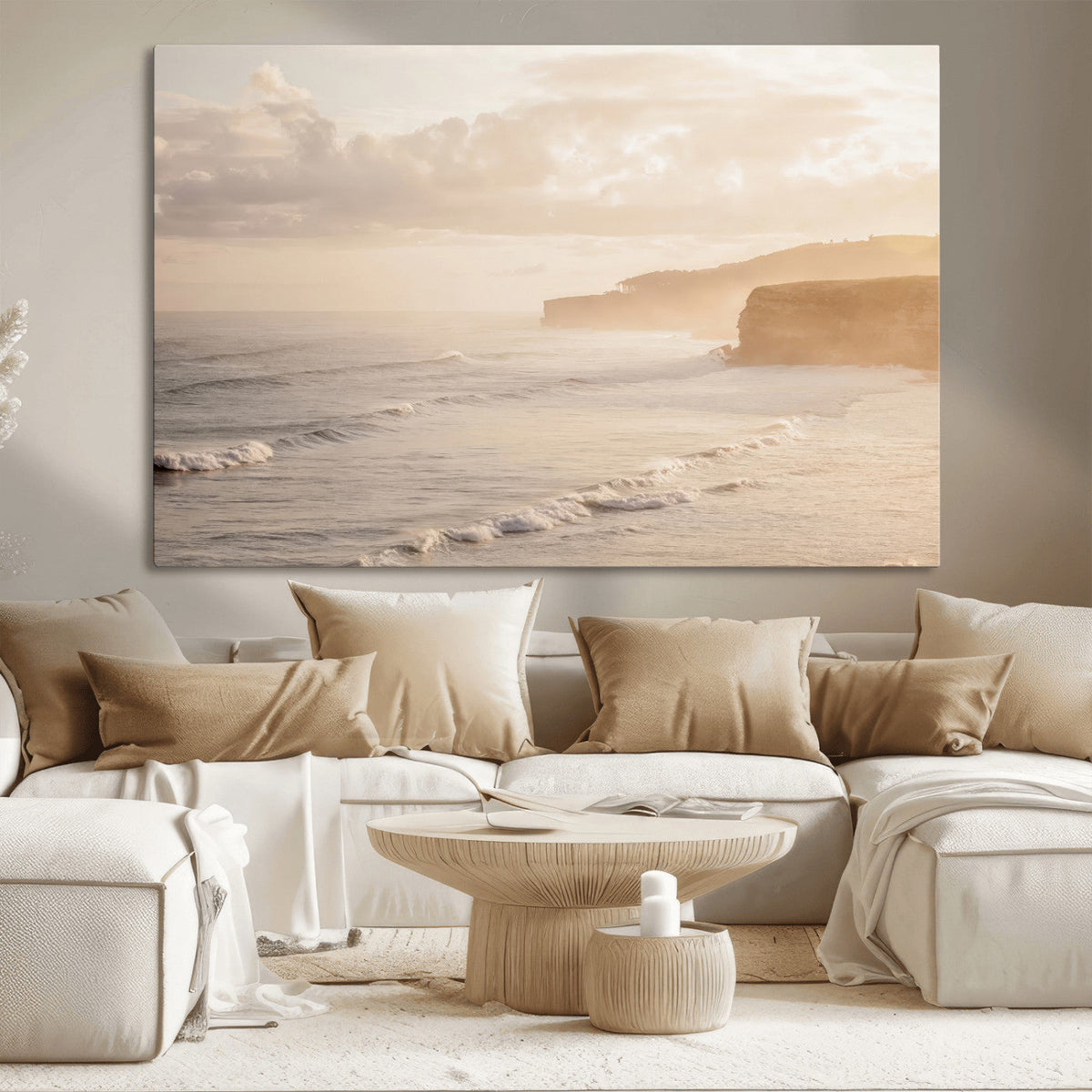 Misty Coastal Wall Art Canvas Print – Framed Golden Sunset