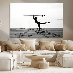 Yoga Surf Wall Art Canvas Print – Framed Black White Shore