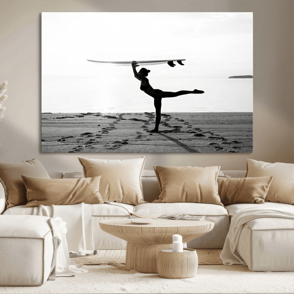 Yoga Surf Wall Art Canvas Print – Framed Black White Shore