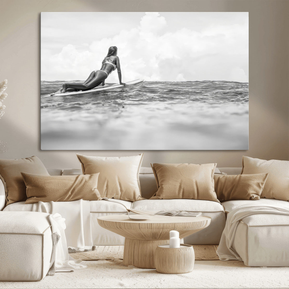 Black and White Surfing Wall Art Canvas Print – Framed Ocean