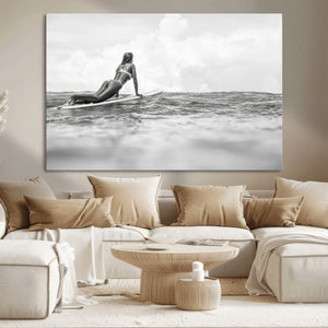 Black and White Surfing Wall Art Canvas Print – Framed Ocean