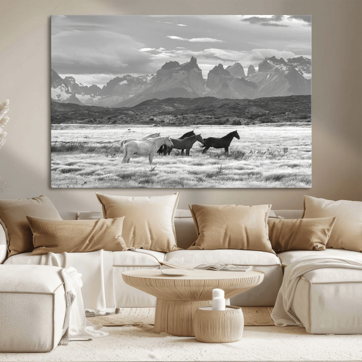 Wild Horses Wall Art Canvas Print – Framed Black and White