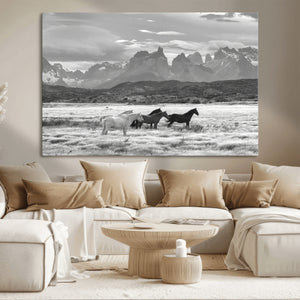 Wild Horses Wall Art Canvas Print – Framed Black and White