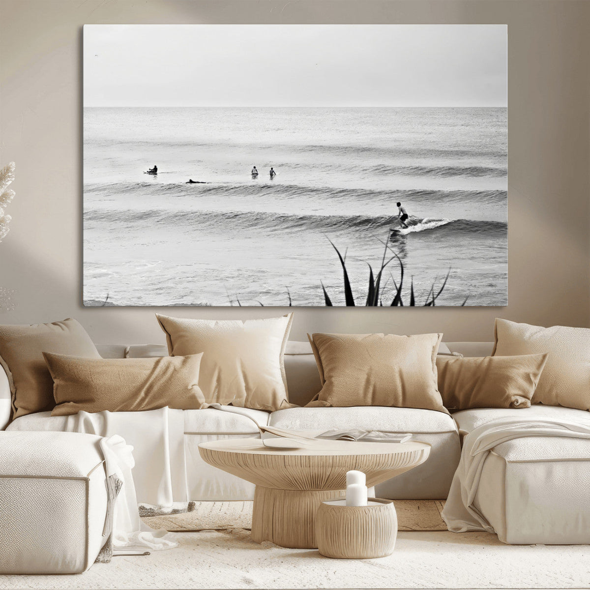 Surfer Silhouette Wall Art – Framed Calm Ocean Monochrome