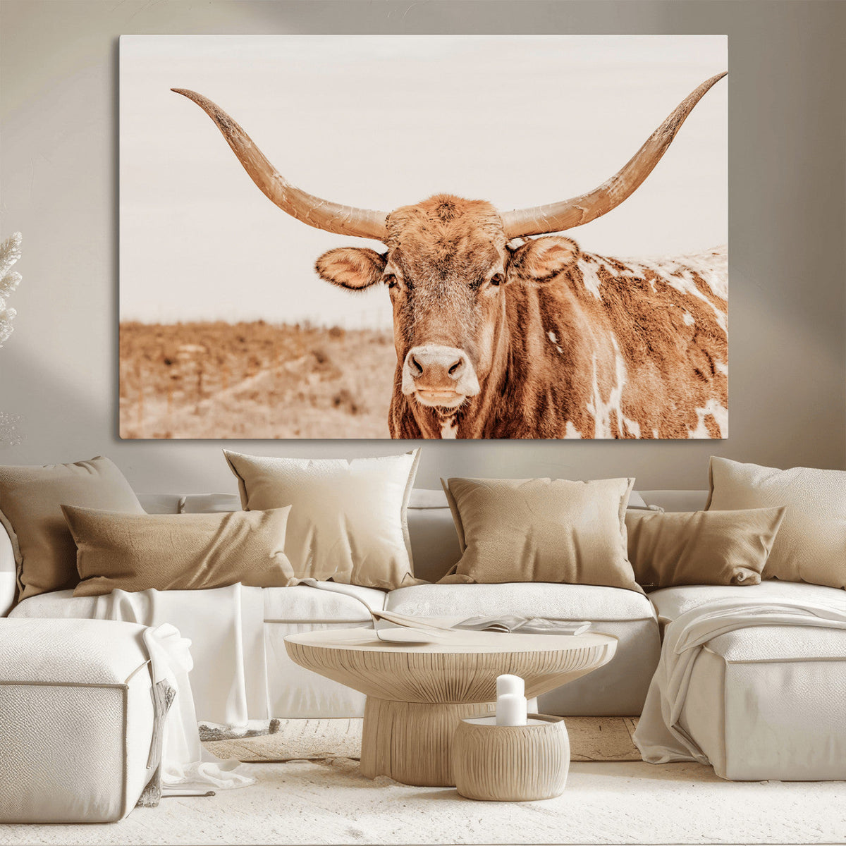 Texas Longhorn Wall Art Canvas Print – Framed Sepia Cow Art