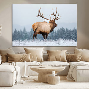 Elk Wall Art Canvas Print – Framed Snowy Forest Scene Art