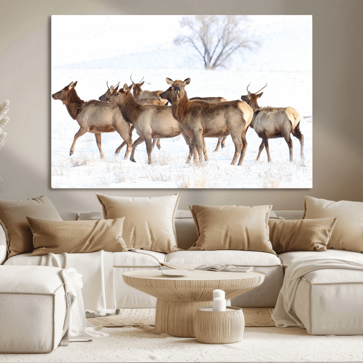 Winter Elk Scene Wall Art Canvas Print – Framed Wildlife