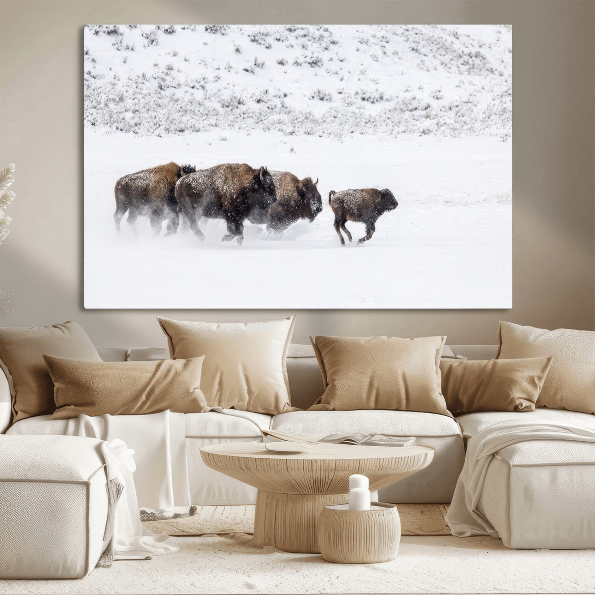 Bison Herd Decor Wall Art Canvas Print – Framed Snowy Bison
