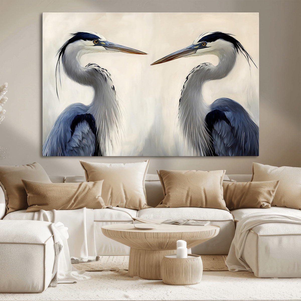 Blue Heron Pair Wall Art Canvas Print, Framed Coastal Bird