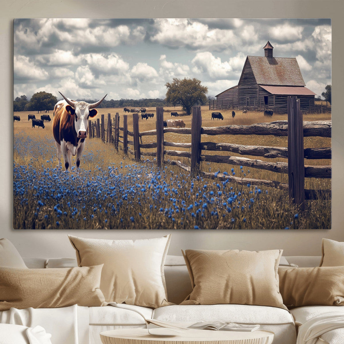 Texas Longhorn Canvas Wall Art Print – Framed Rustic Barn