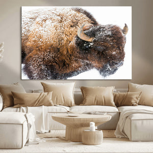 Snowy Buffalo Wall Art Canvas Print – Framed Rustic Lodge