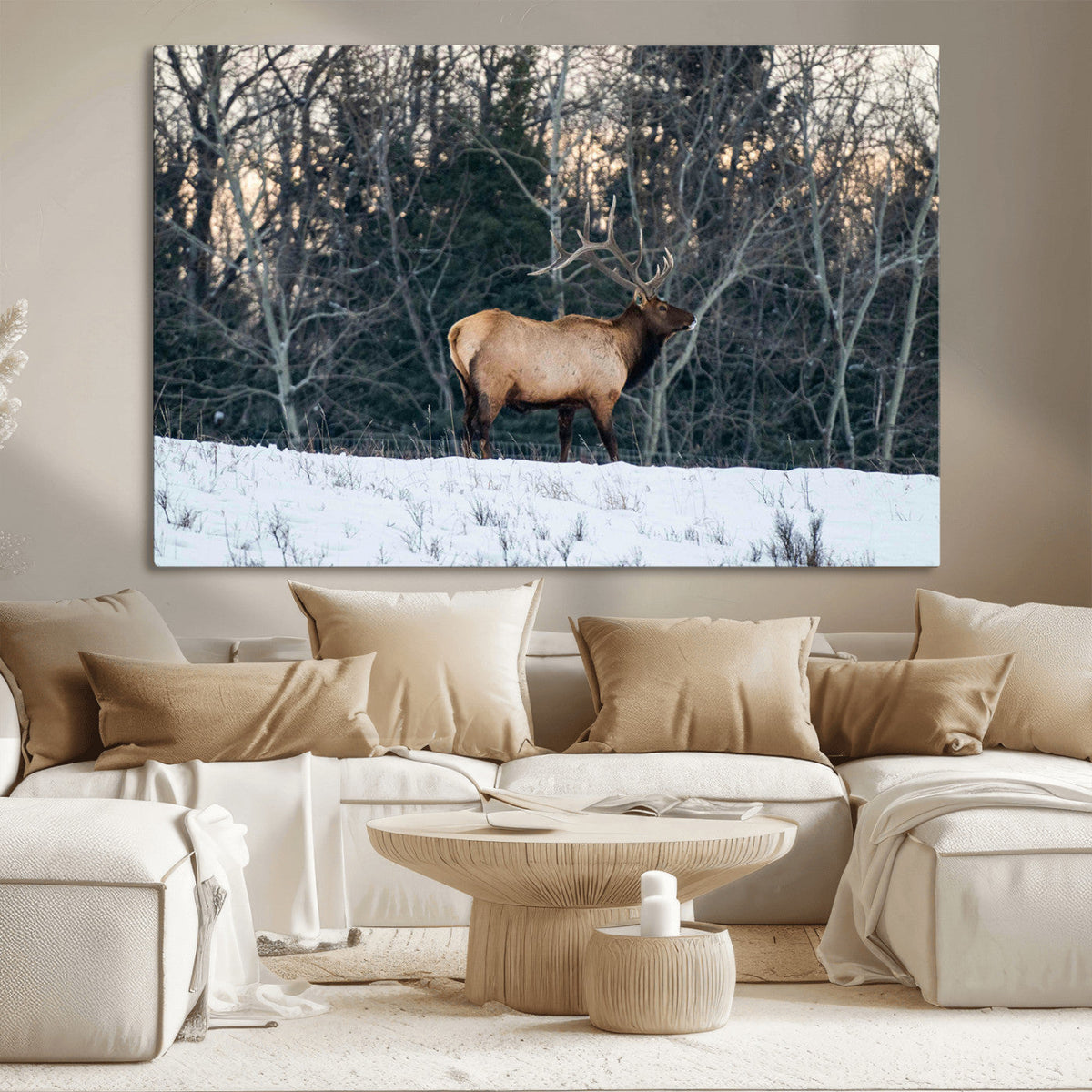 Wild Elk Wall Art Canvas Print – Framed Winter Wildlife