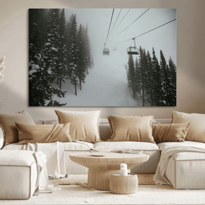 Ski Lift Wall Art Canvas Print – Snowy Pines Misty Landscape