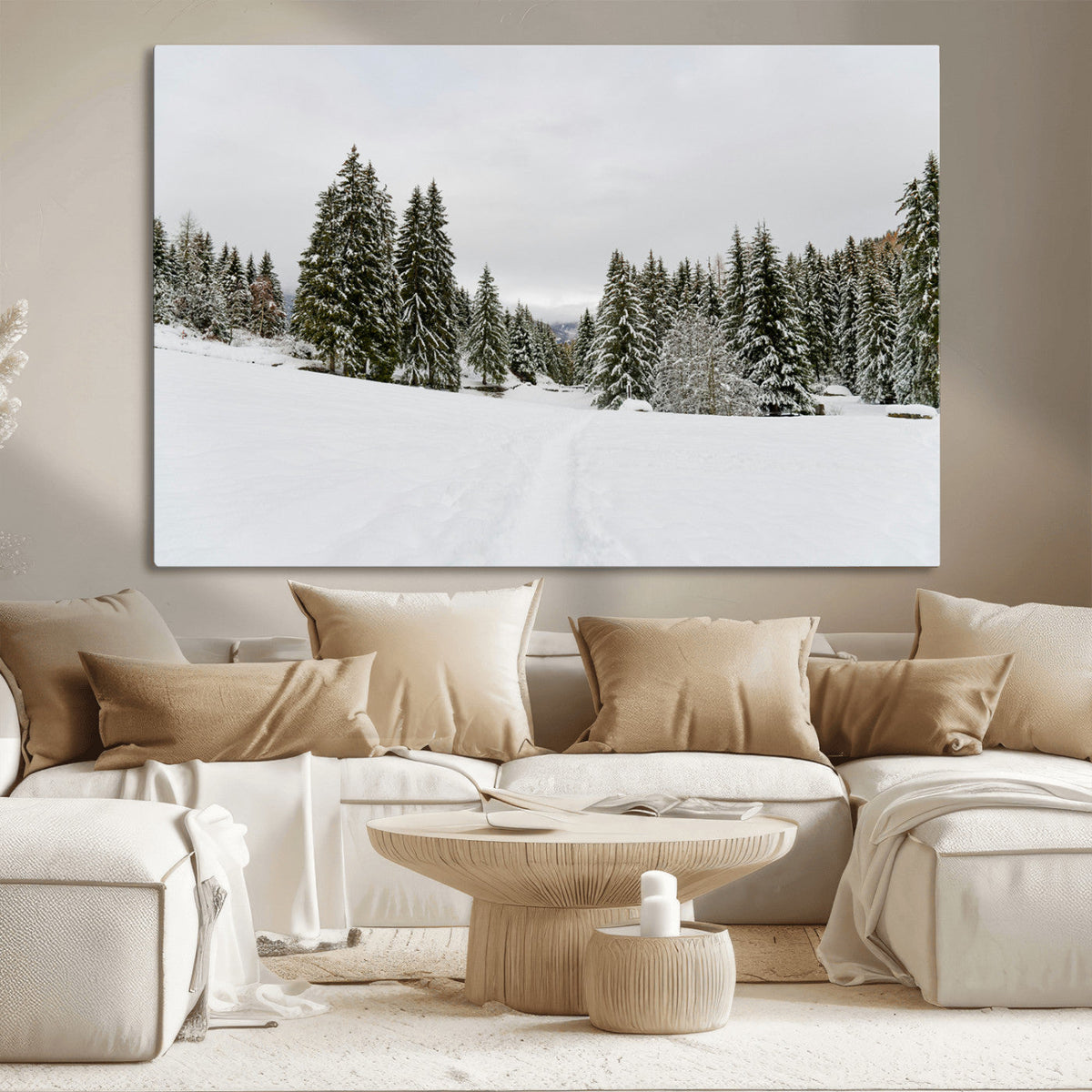 Frosty Pines Wall Art Canvas Print – Framed Silent Snowfall