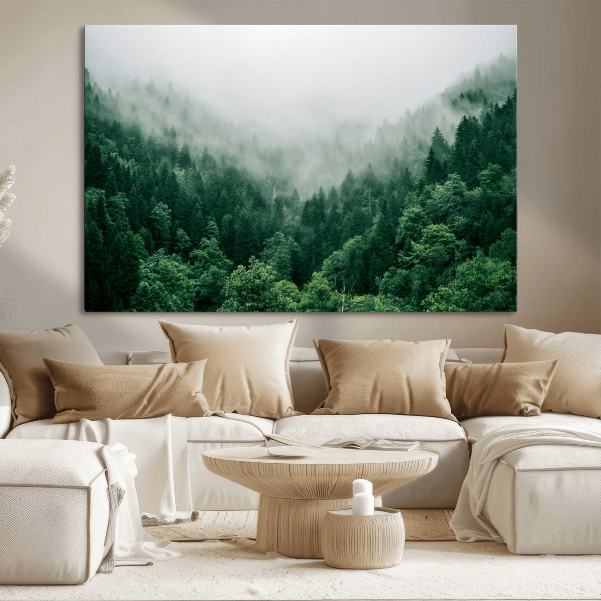 Misty Green Forest Canvas Print – Framed Serene Foggy Pine