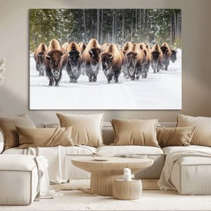 American Bison Herd Wall Art Canvas Print – Powerful Winter