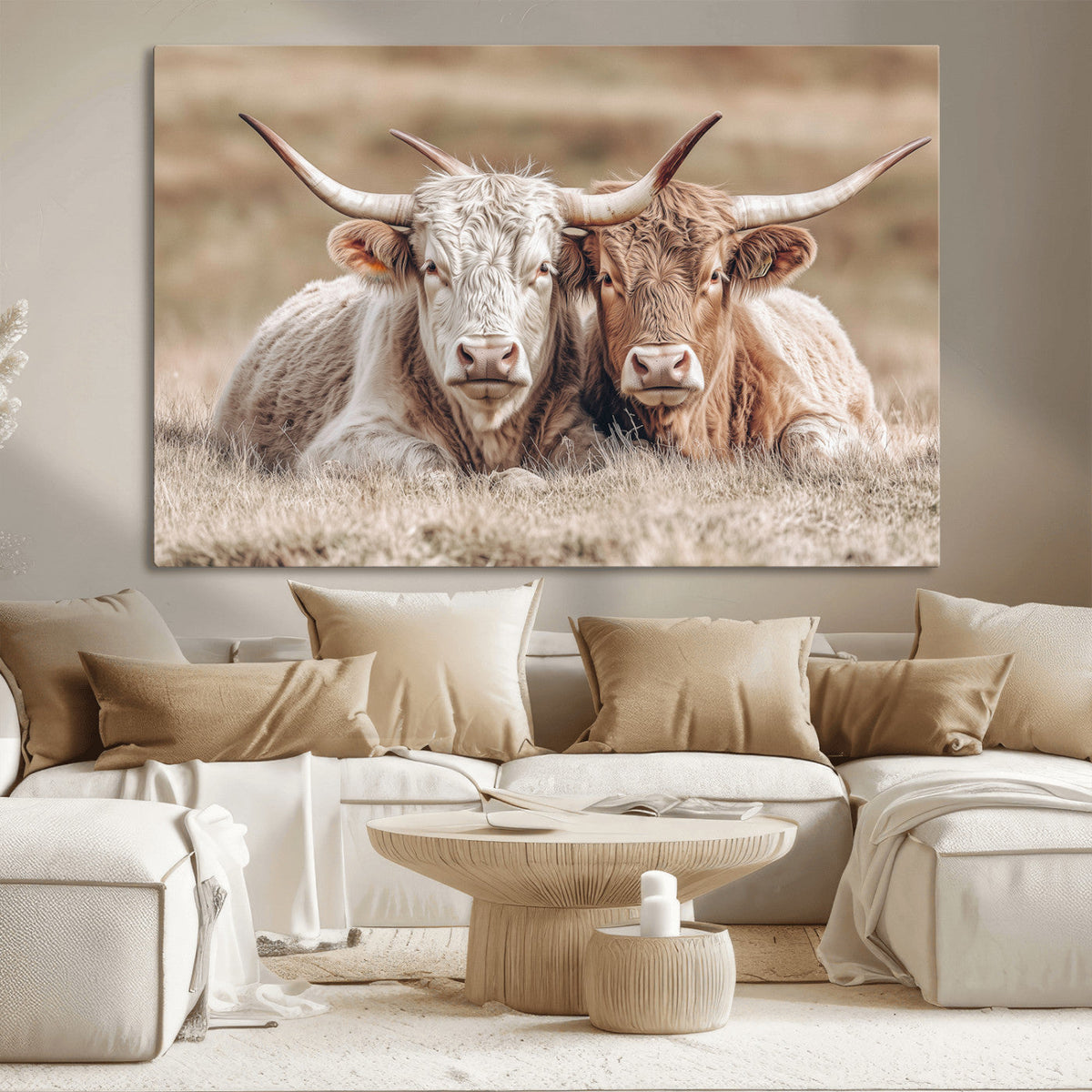 Couple Highland Cows Wall Art Canvas Print – Peaceful Meadow