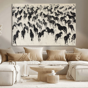 Wild Horse Stampede Wall Art Canvas Print – Monochrome