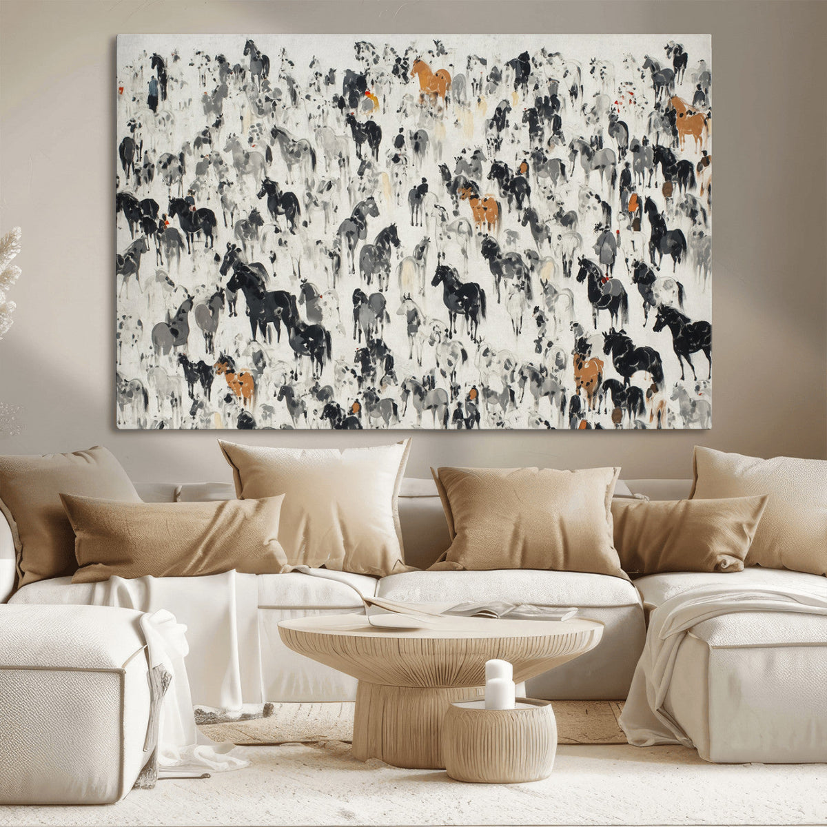 Wild Horse Stampede Wall Art Canvas Print – Monochrome