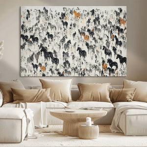 Wild Horse Stampede Wall Art Canvas Print – Monochrome