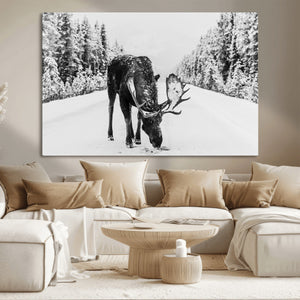 Moose Wall Art Canvas Print – Winter Snowy Forest Antlers