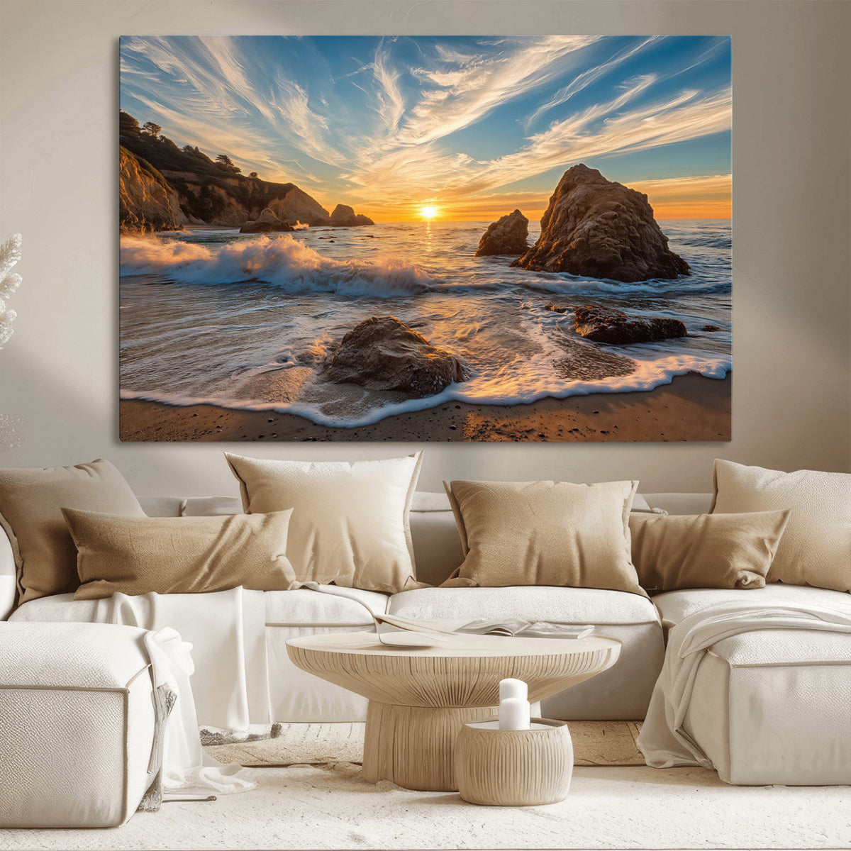 Rocky Ocean Sunset Wall Art Print – Seaside Canvas Dramatic