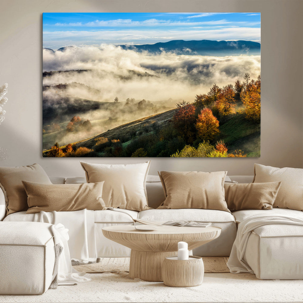 Misty Autumn Hills Wall Art Canvas Print, Foggy Forest