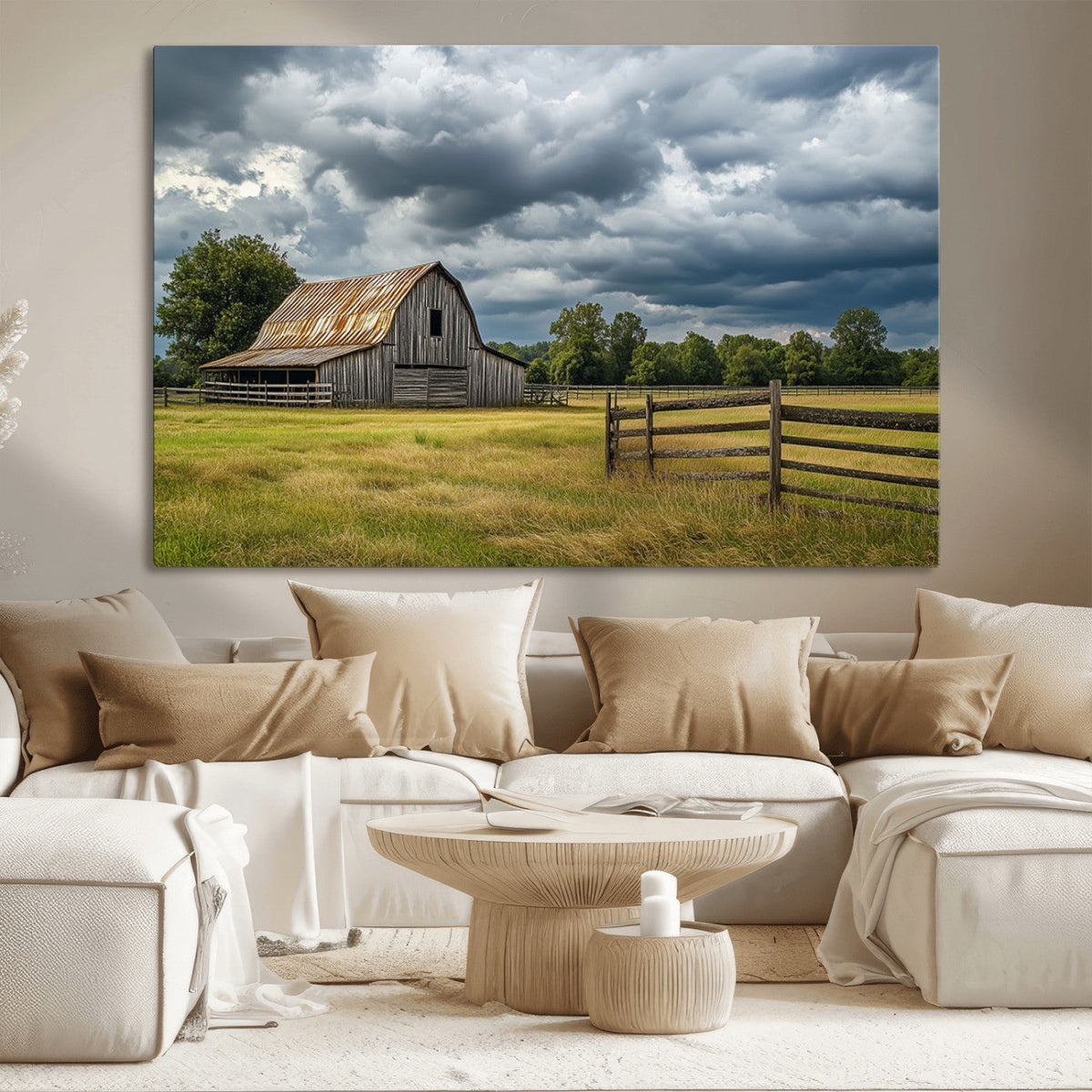 Rustic Stormy Barn Wall Art Canvas Print, Moody Country Farm