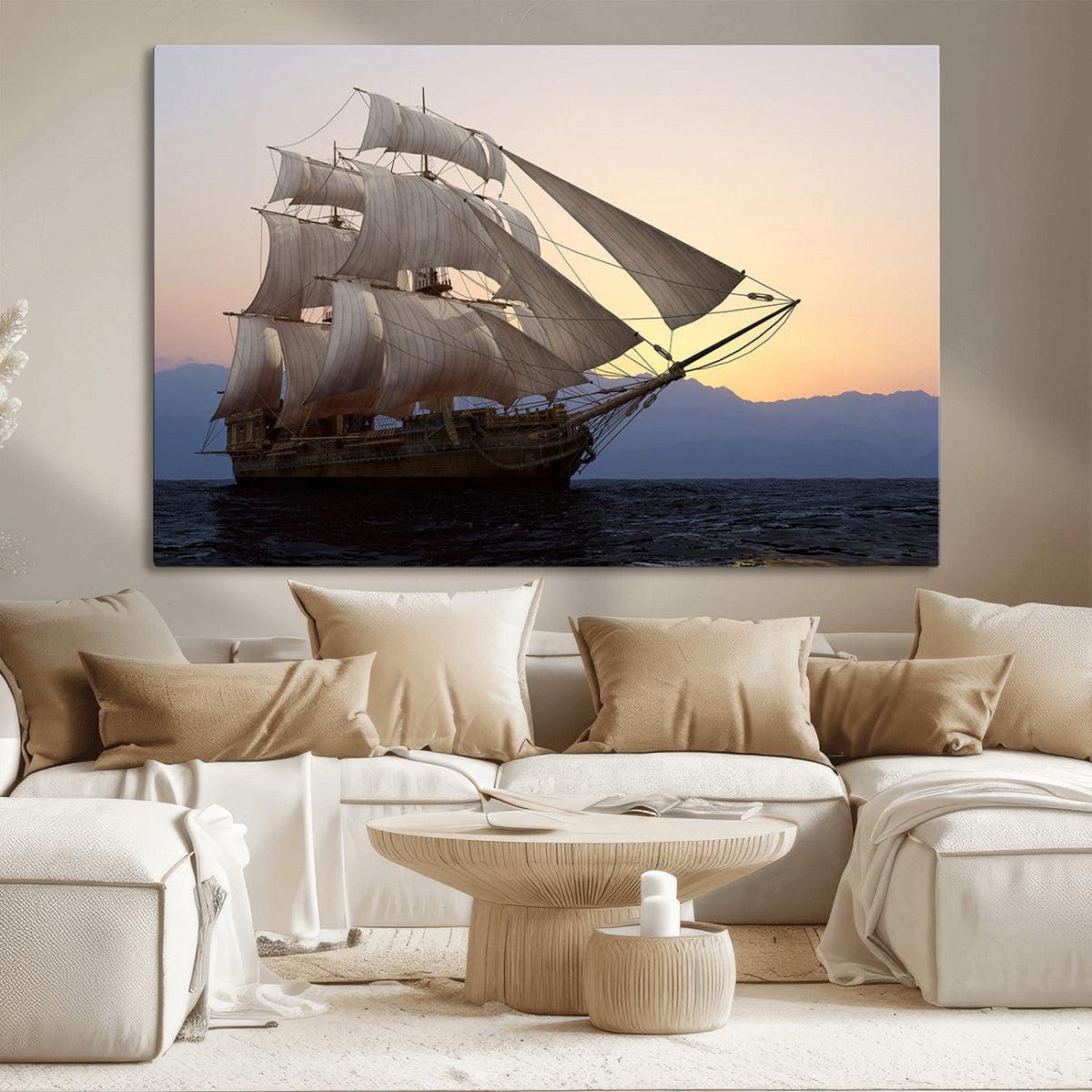 Majestic Sailing Ship Wall Art Canvas Print, Sunset Ocean
