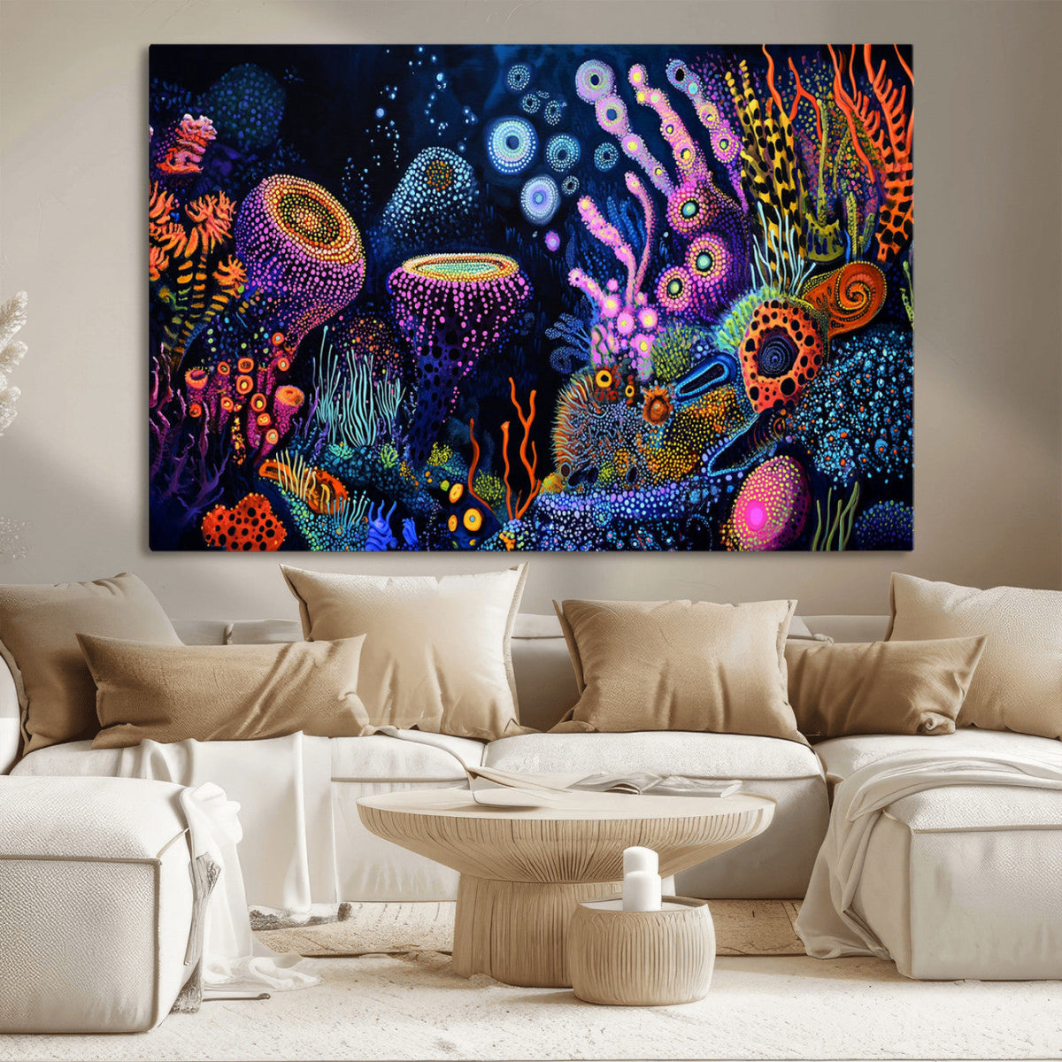 Vibrant Neon Coral Reef Wall Art Canvas Print, Colorful