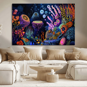 Vibrant Neon Coral Reef Wall Art Canvas Print, Colorful