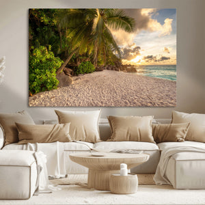 Tropical beach sunset, palm trees, white sand, ocean waves,