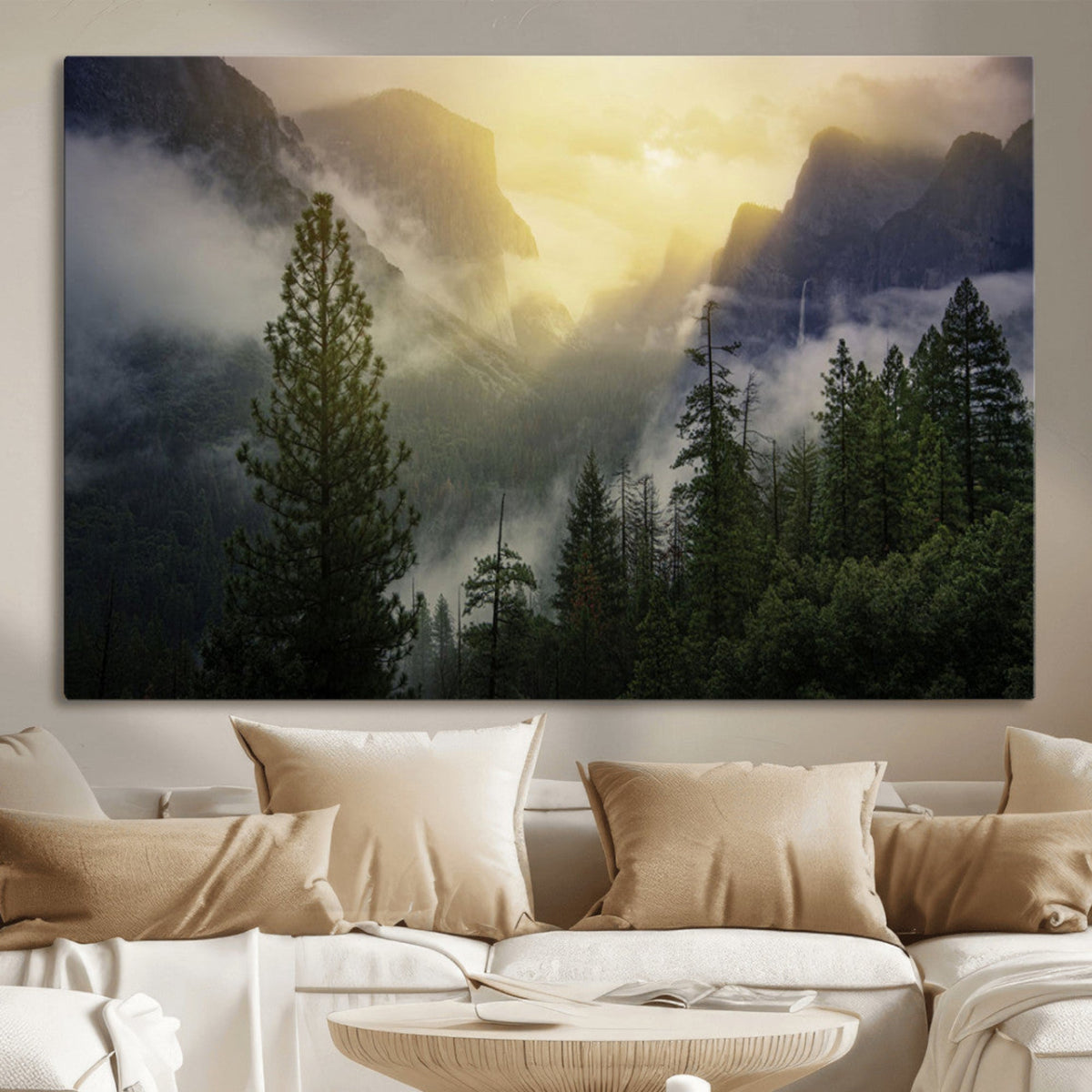 Misty Mountain Valley Wall Art Canvas Print, Golden Sunrise