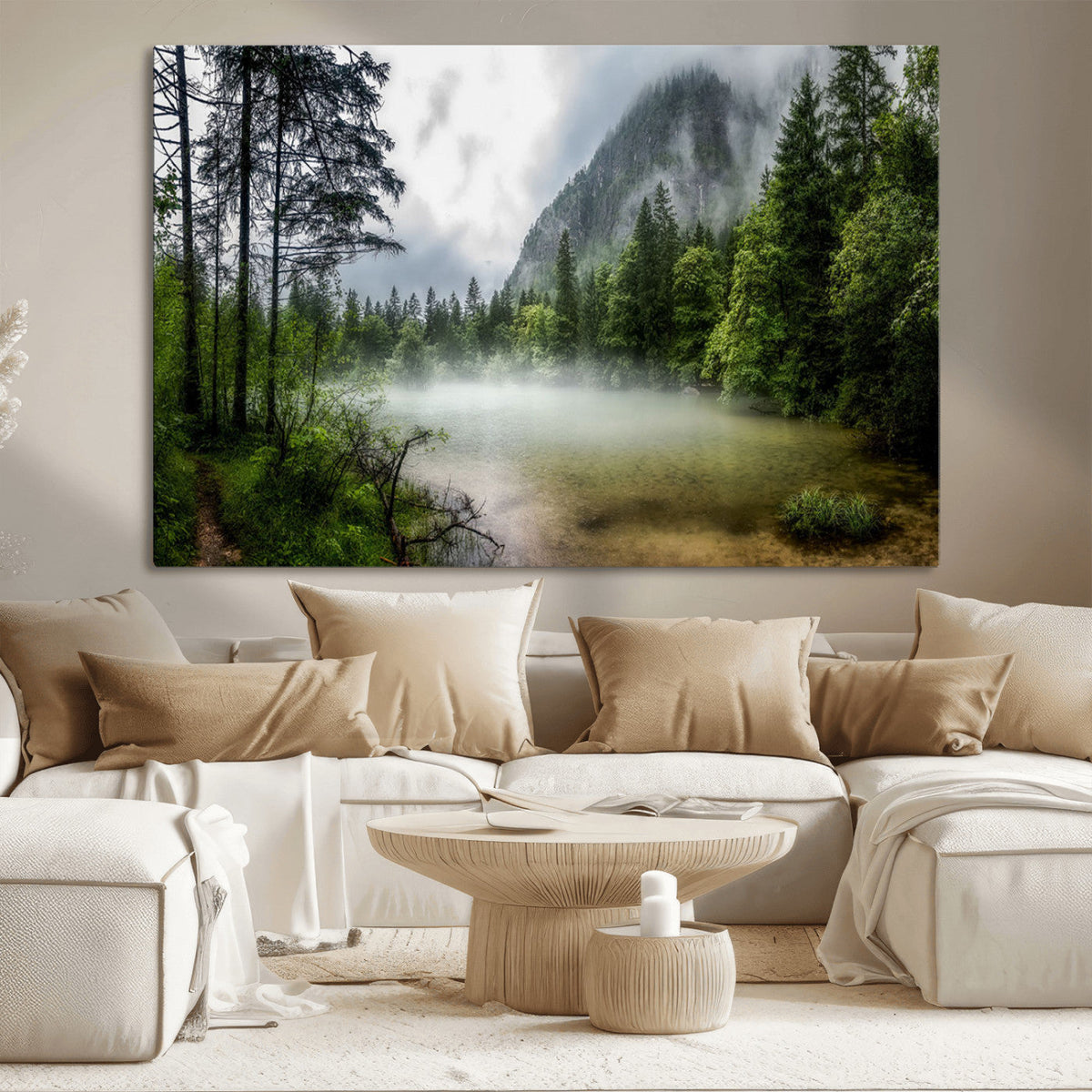 Misty Lake Forest Wall Art – Green Trees Calm Water