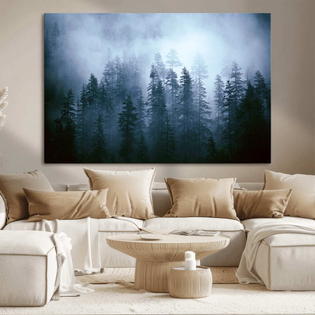 Foggy Evergreen Pines Wall Art Canvas Print, Mist Forest and