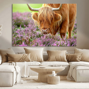 Highland Cow Wall Art – Purple Flowers Pasture Scenic