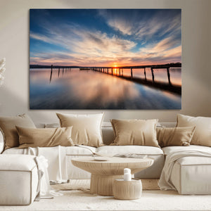 Wooden Pier on Seascape and Sunset Wall Art Canvas Print