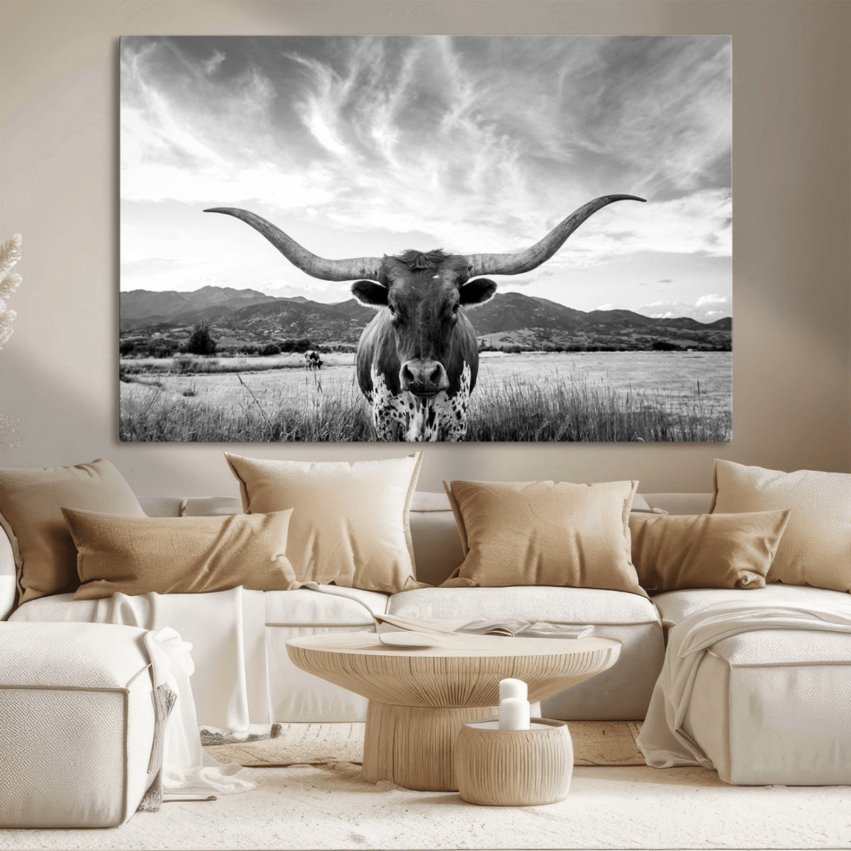Longhorn Black and White Wall Art – Rustic Western Bull