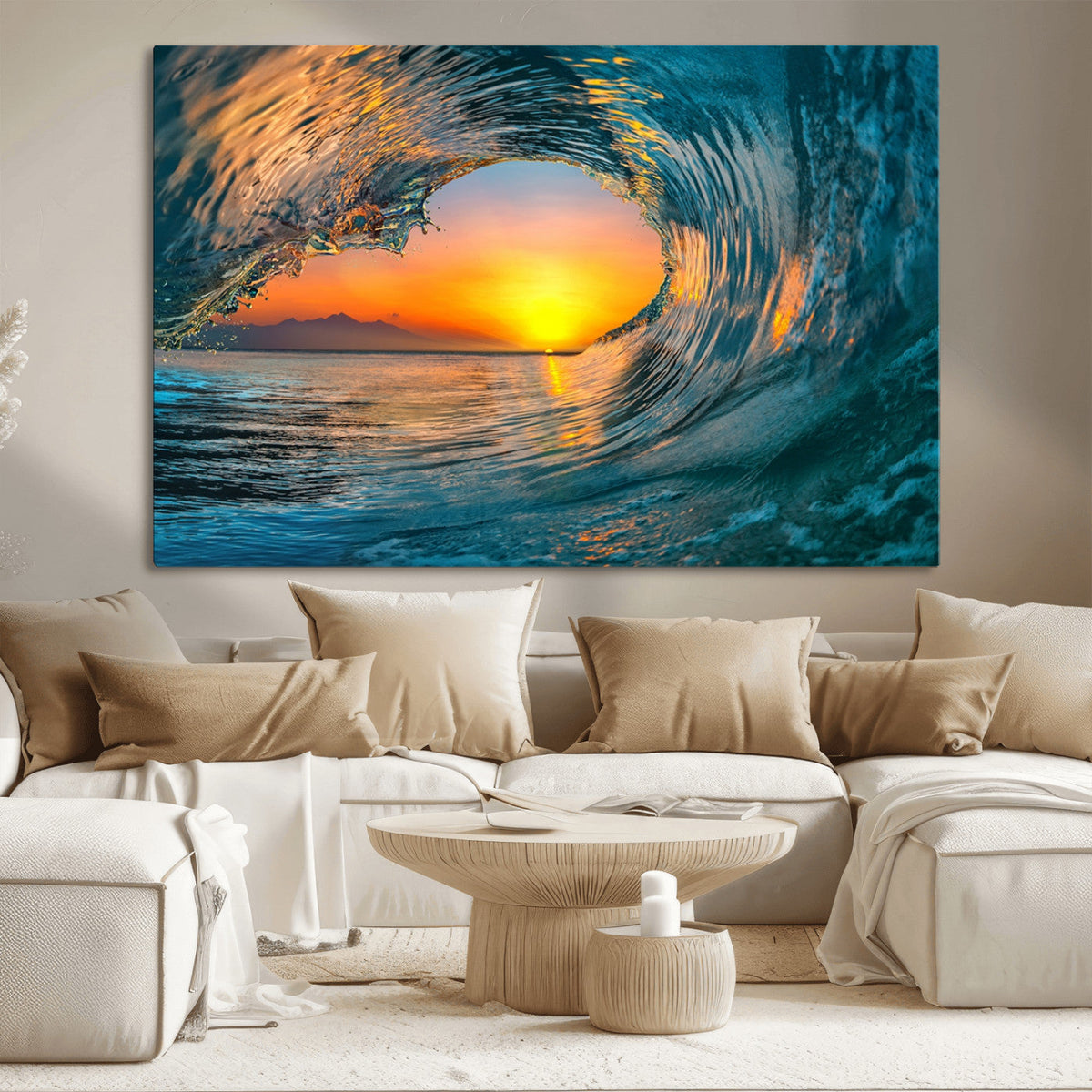 Ocean Wave Sunset Wall Art | Large Coastal Wave Canvas Print