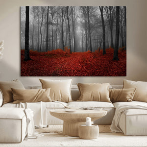 Red Forest Floor Canvas Wall Art – Mystical Foggy Woodland