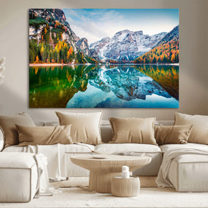Spectacular autumn view of Braies Lake Wall Art Canvas Print