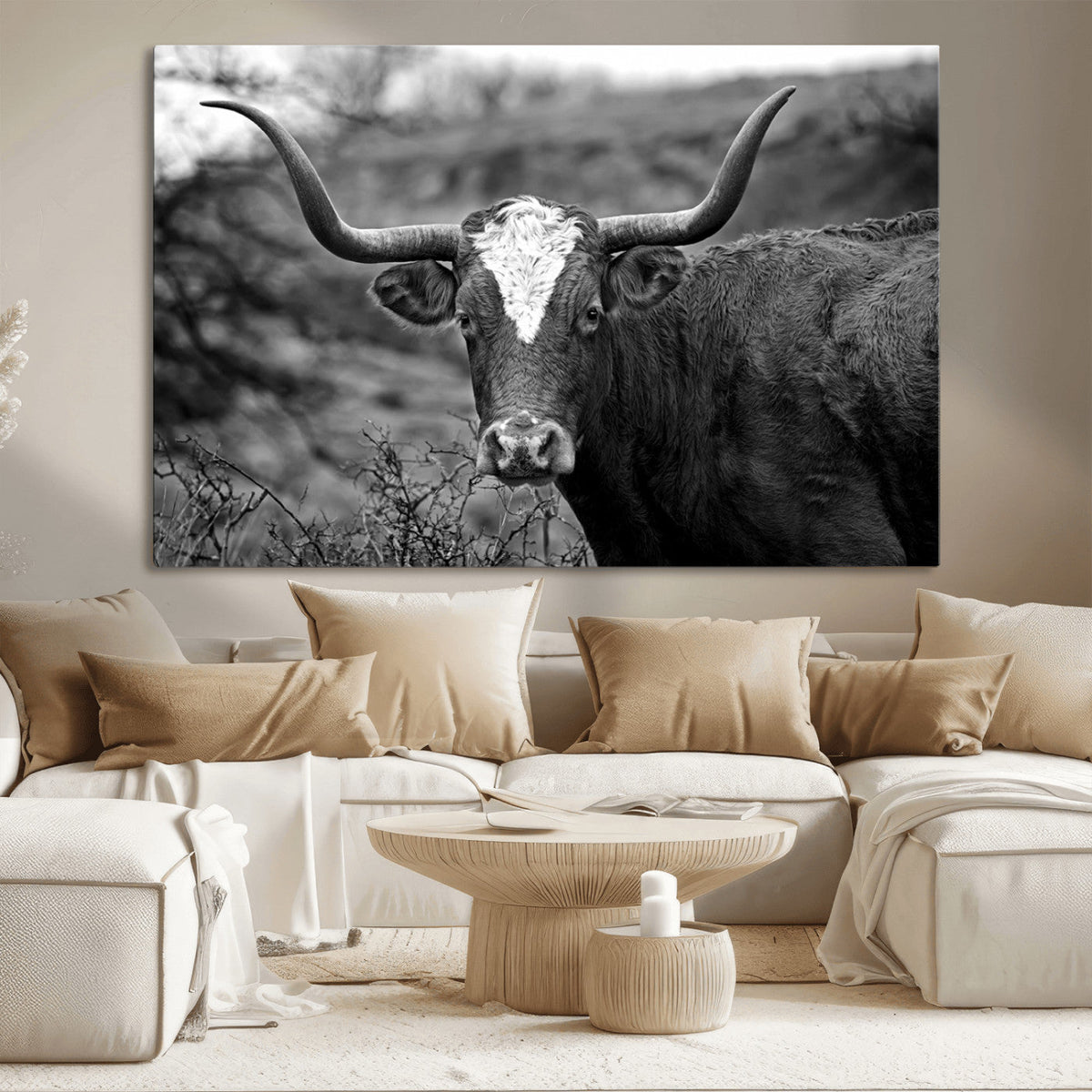 Western Home Wall Art Canvas Print, Framed Texas Longhorn