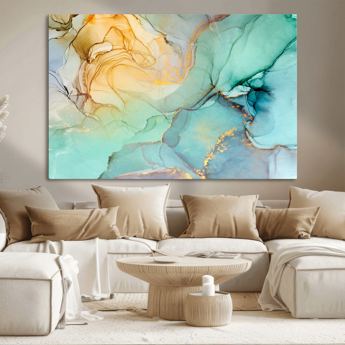 Abstract Aqua and Gold Fluid Wall Art Canvas | 3 Panel Large