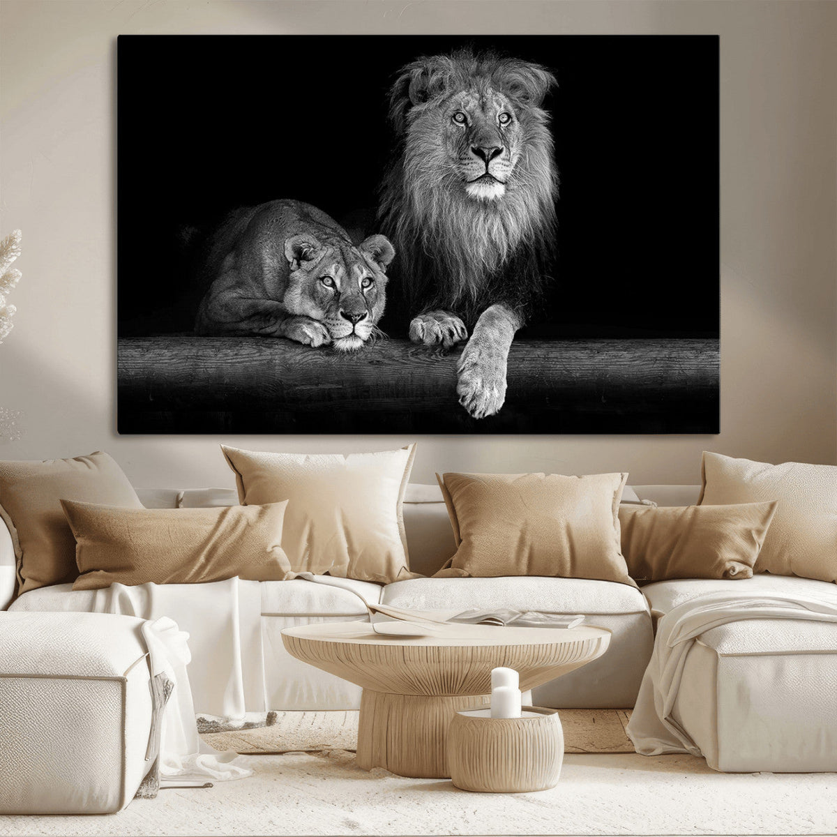 Large Black and White Lion Couple Wall Art Canvas Print –