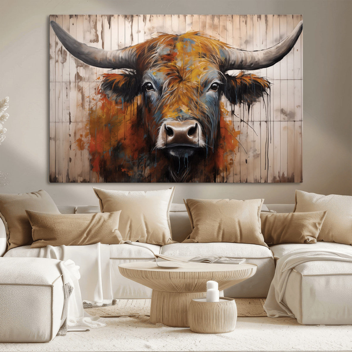 Abstract Bull Highland Cow Canvas Wall Art Print – Vibrant