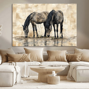 Chinese Style Abstract Black Horses Wall Art Canvas Print -