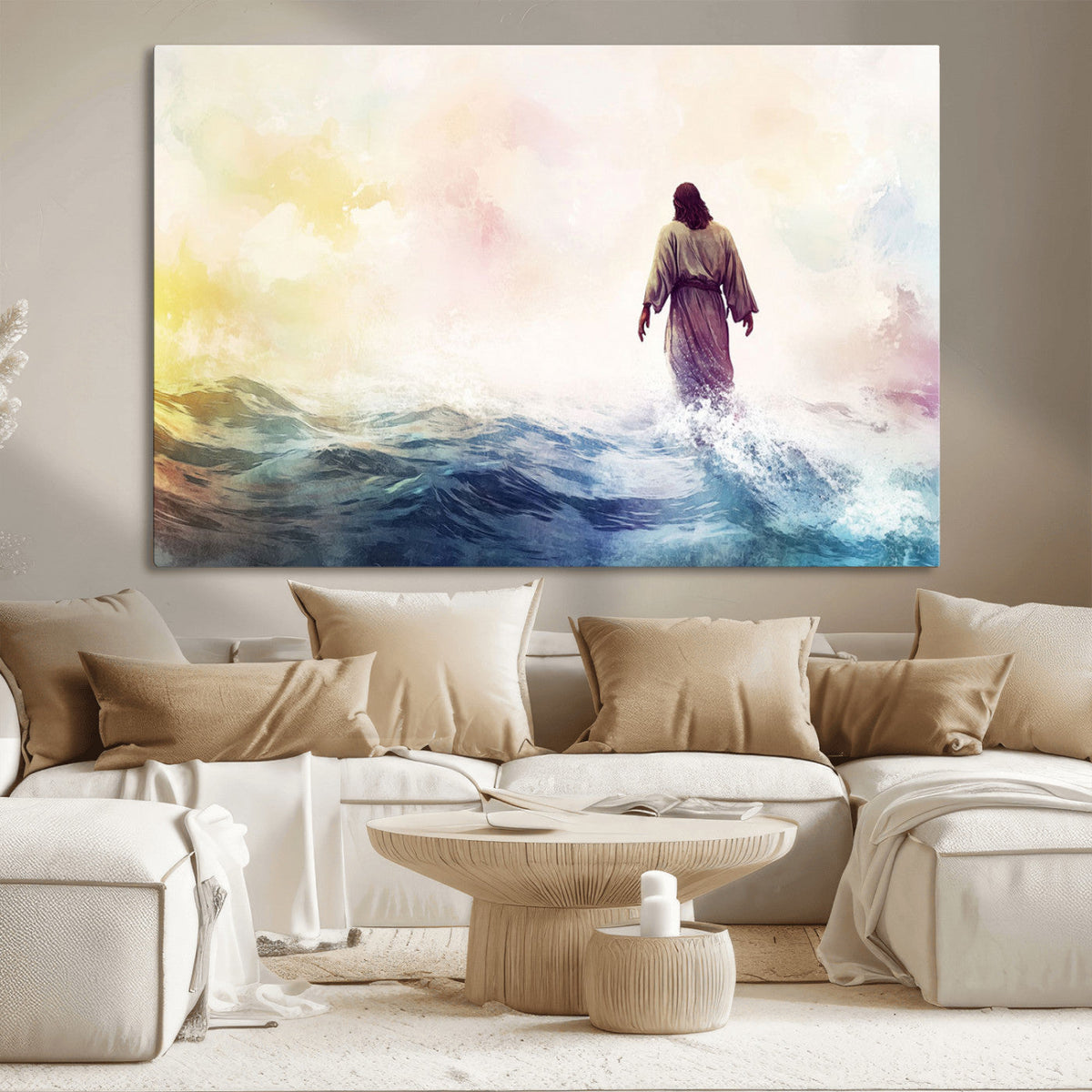 Watercolor Jesus Walking on Water Canvas Print, Christian
