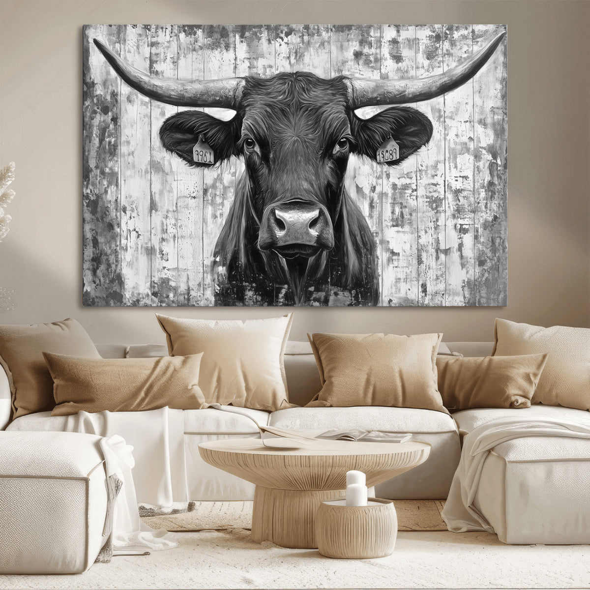 Abstract Longhorn Bull Wall Art Canvas Print - Rustic Texas