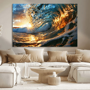 Ocean Wave at Sunset Canvas Wall Art – Vibrant Coastal Beach